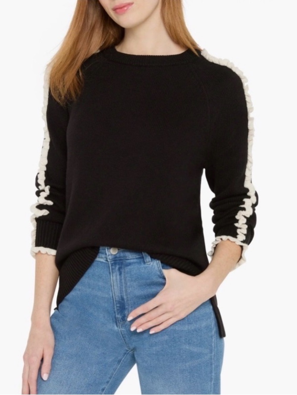 NWT Nic + Zoe Black white ruffle trim pullover Sweater Nordy’s PL